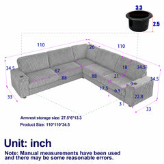 Bellemave® 110" L-Shaped Oversized Corduroy Corner Sofa with Two Storage Spaces,USB Port & T-pyce Port and Cup-Holder