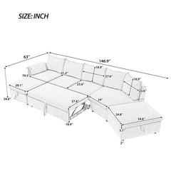 Bellemave® 146.9" L-Shaped Sectional Sofa with a Movable Storage Ottoman, a Storage Chaise Lounge and Two USB Ports