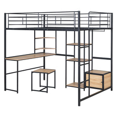 Bellemave® Full Size Metal Loft Bed with Desk and Stool,Open-Style Wardrobe, Shelves and Cabinet