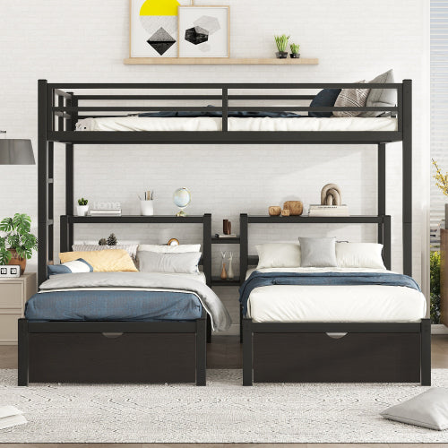 Bellemave® Full XL Over Twin & Twin Triple Bunk Bed with Drawers,Bedhead with Shelving