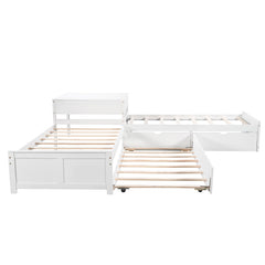 Bellemave® Twin Size L-shaped Platform Bed with Trundle and Drawers Linked with Built-In Desk