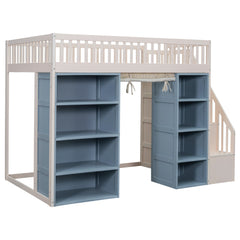 Bellemave® Full Size Loft Bed with 2 Four-layer Storage Cabinets and Curtain