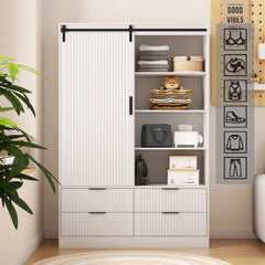 Bellemave® Modern Wardrobe with Hanging Rod and Barn Door ,Drawers and Open Shelves