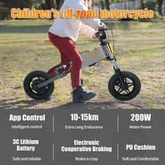 Bellemave® 24V Electric Balance Bicycles, 200W Dirt Bicycles with Mobile App, Gps, Removable Battery 12" Tire,for Kids 6-10 Years