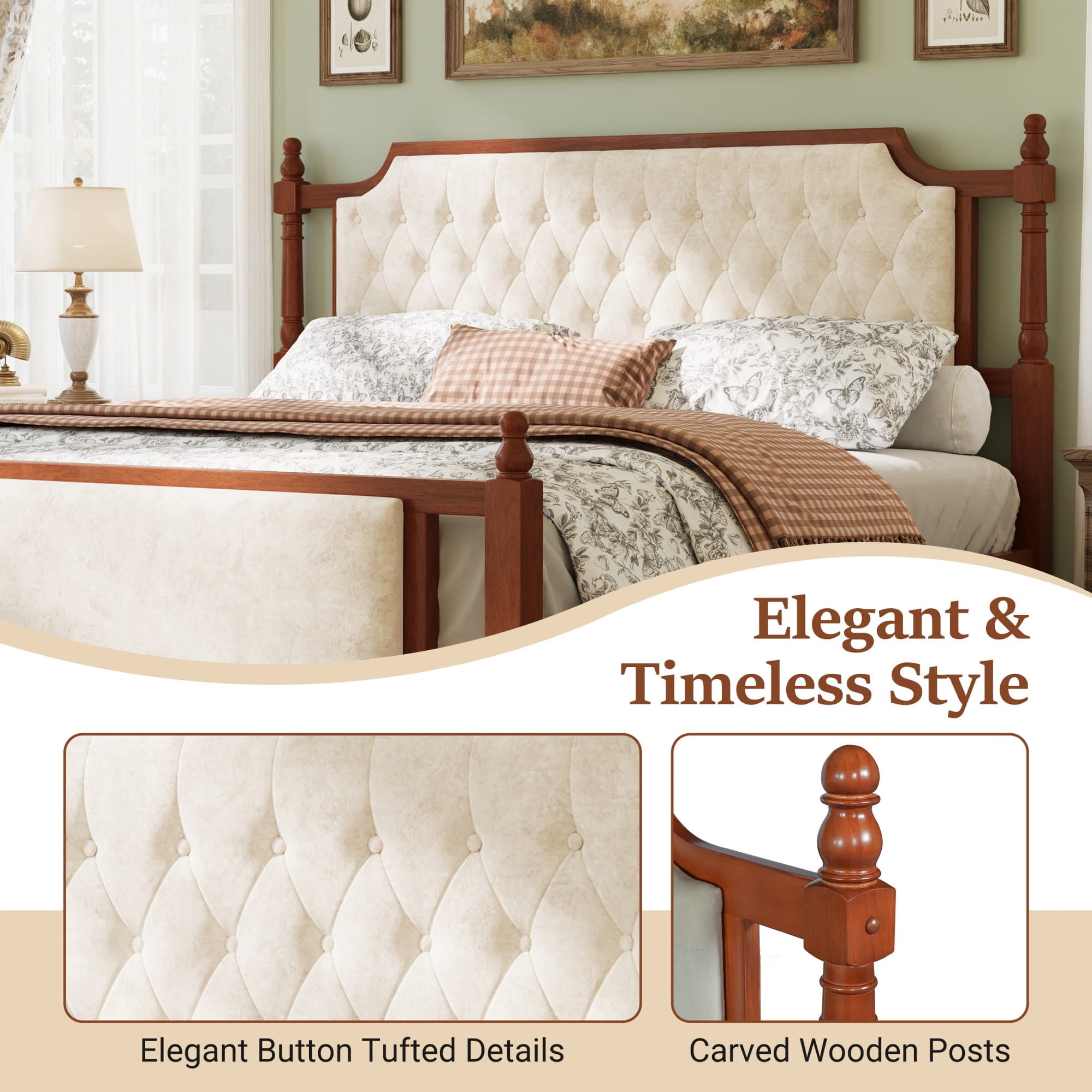 Bellemave® Upholstered Platform Bed with Button Tufted Headboard,Solid Wood Farmhouse Bed with Velvet Headboard and Footboard Bellemave®