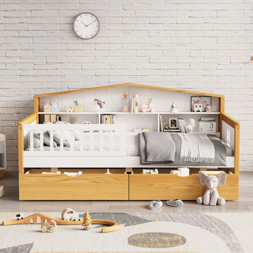 Bellemave® Wooden House Shape Bed with Two Drawers and Bookcase Headboard