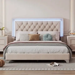 Bellemave® Modern Velvet Upholstered Bed with Tufted Headboard and LED Lights Bellemave®