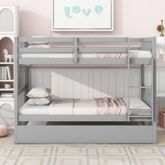 Bellemave® Twin Size Rubber Wood Bunk Bed with Trundle Bed, Convertible into 2 Twin Size Beds