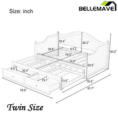 Bellemave® Twin Size Wood Daybed with Extended Pop Up Trundle and Storage Drawers