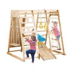 Bellemave® Toddler Indoor Wooden Gym 8 in 1 Indoor Playground Climbing Toy Set with Slide Swing Climbing Net Rings