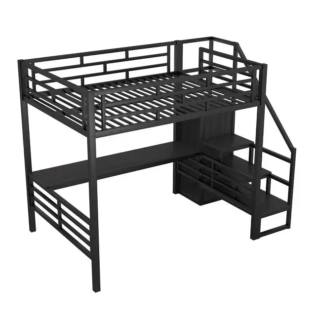 Bellemave® Full Size Metal Loft Bed with Desk, Storage Stairs and Small Wardrobe Bellemave®