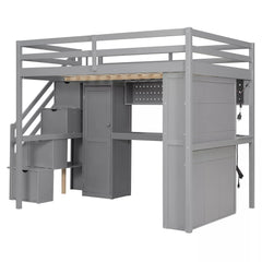 Bellemave® Full Size Loft Bed Built-in Wardrobe, Study Desk, Storage Shelves & LED Lights, Wood Loft Bed Frame for Bedroom Bellemave®