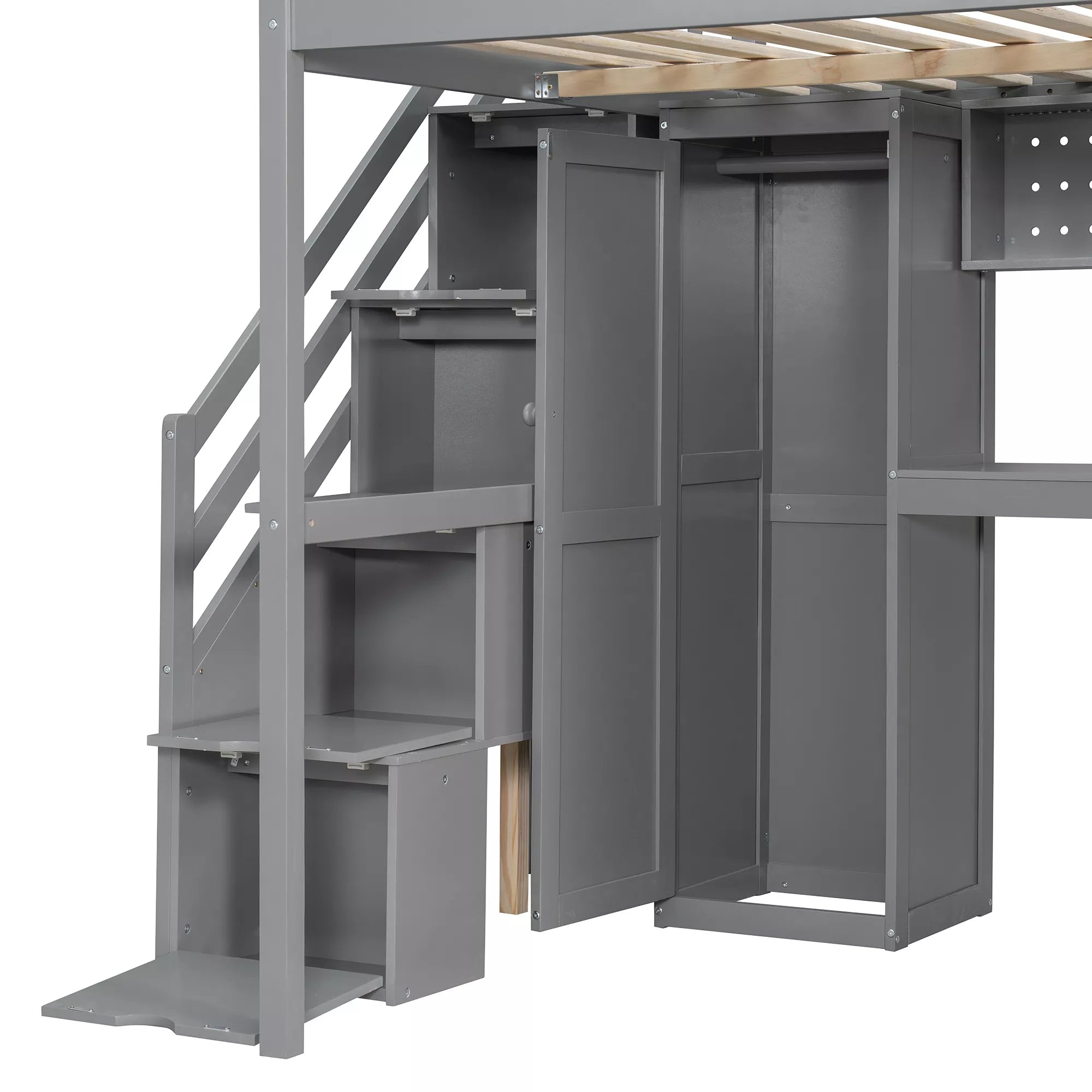 Bellemave® Full Size Loft Bed Built-in Wardrobe, Study Desk, Storage Shelves & LED Lights, Wood Loft Bed Frame for Bedroom Bellemave®