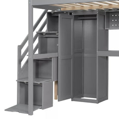 Bellemave® Full Size Loft Bed Built-in Wardrobe, Study Desk, Storage Shelves & LED Lights, Wood Loft Bed Frame for Bedroom Bellemave®