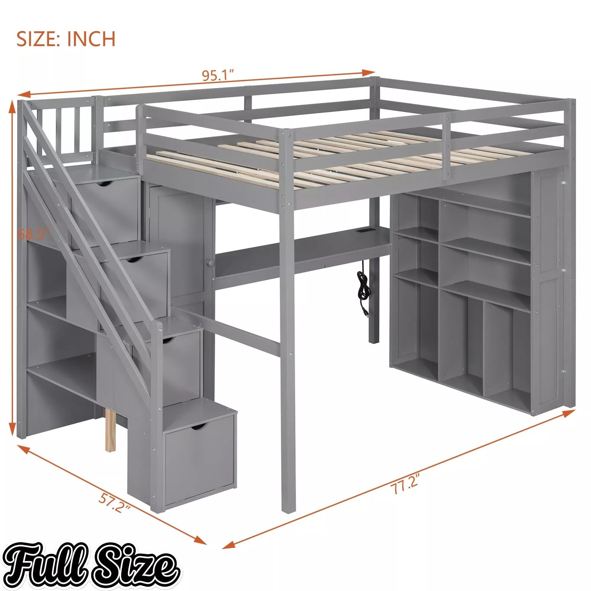 Bellemave® Full Size Loft Bed Built-in Wardrobe, Study Desk, Storage Shelves & LED Lights, Wood Loft Bed Frame for Bedroom Bellemave®