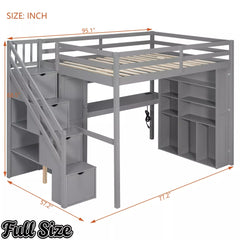 Bellemave® Full Size Loft Bed Built-in Wardrobe, Study Desk, Storage Shelves & LED Lights, Wood Loft Bed Frame for Bedroom Bellemave®