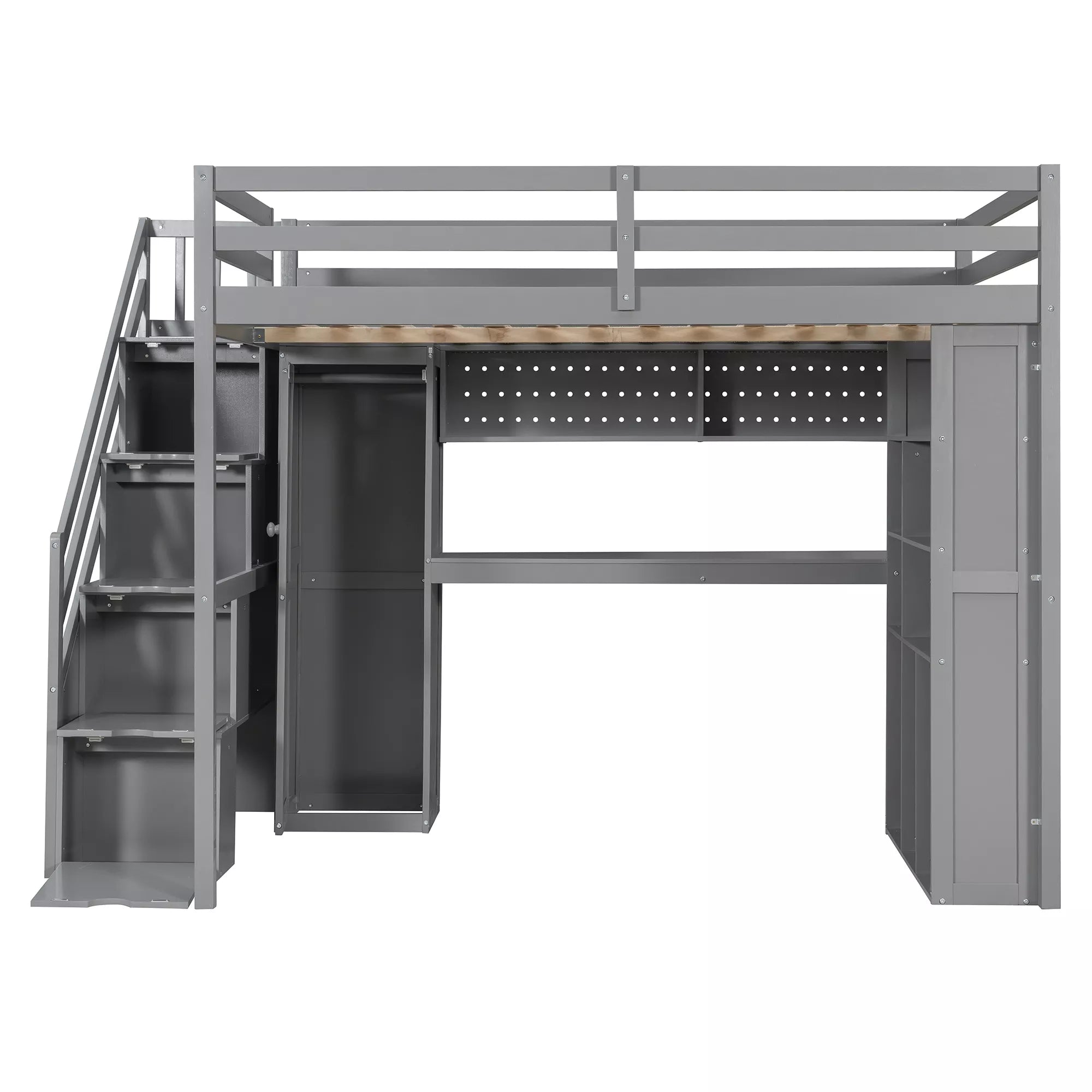 Bellemave® Full Size Loft Bed Built-in Wardrobe, Study Desk, Storage Shelves & LED Lights, Wood Loft Bed Frame for Bedroom Bellemave®