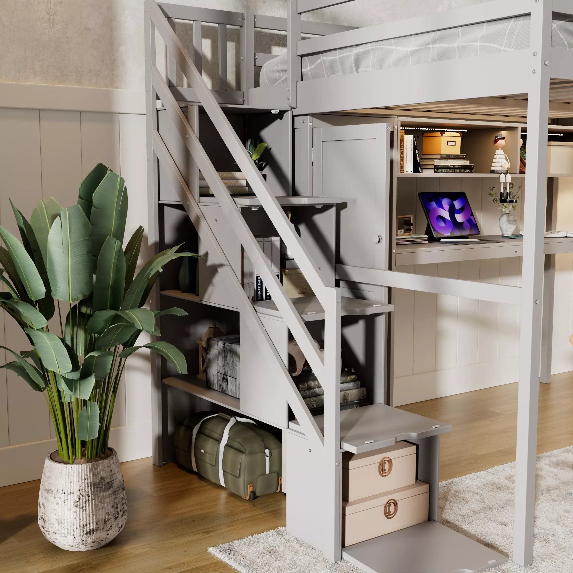 Bellemave® Full Size Loft Bed Built-in Wardrobe, Study Desk, Storage Shelves & LED Lights, Wood Loft Bed Frame for Bedroom Bellemave®