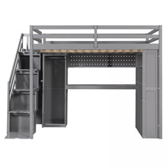 Bellemave® Full Size Loft Bed Built-in Wardrobe, Study Desk, Storage Shelves & LED Lights, Wood Loft Bed Frame for Bedroom Bellemave®