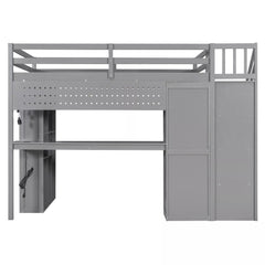 Bellemave® Full Size Loft Bed Built-in Wardrobe, Study Desk, Storage Shelves & LED Lights, Wood Loft Bed Frame for Bedroom Bellemave®