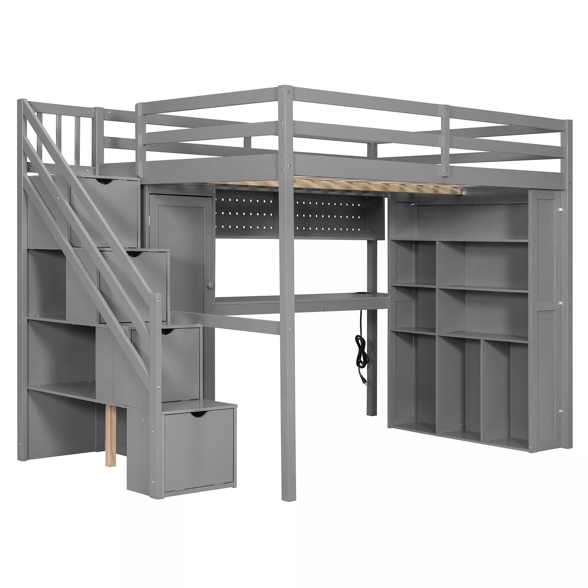 Bellemave® Full Size Loft Bed Built-in Wardrobe, Study Desk, Storage Shelves & LED Lights, Wood Loft Bed Frame for Bedroom Bellemave®