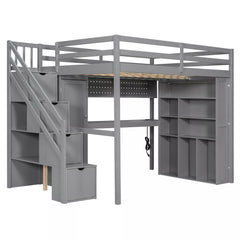 Bellemave® Full Size Loft Bed Built-in Wardrobe, Study Desk, Storage Shelves & LED Lights, Wood Loft Bed Frame for Bedroom Bellemave®