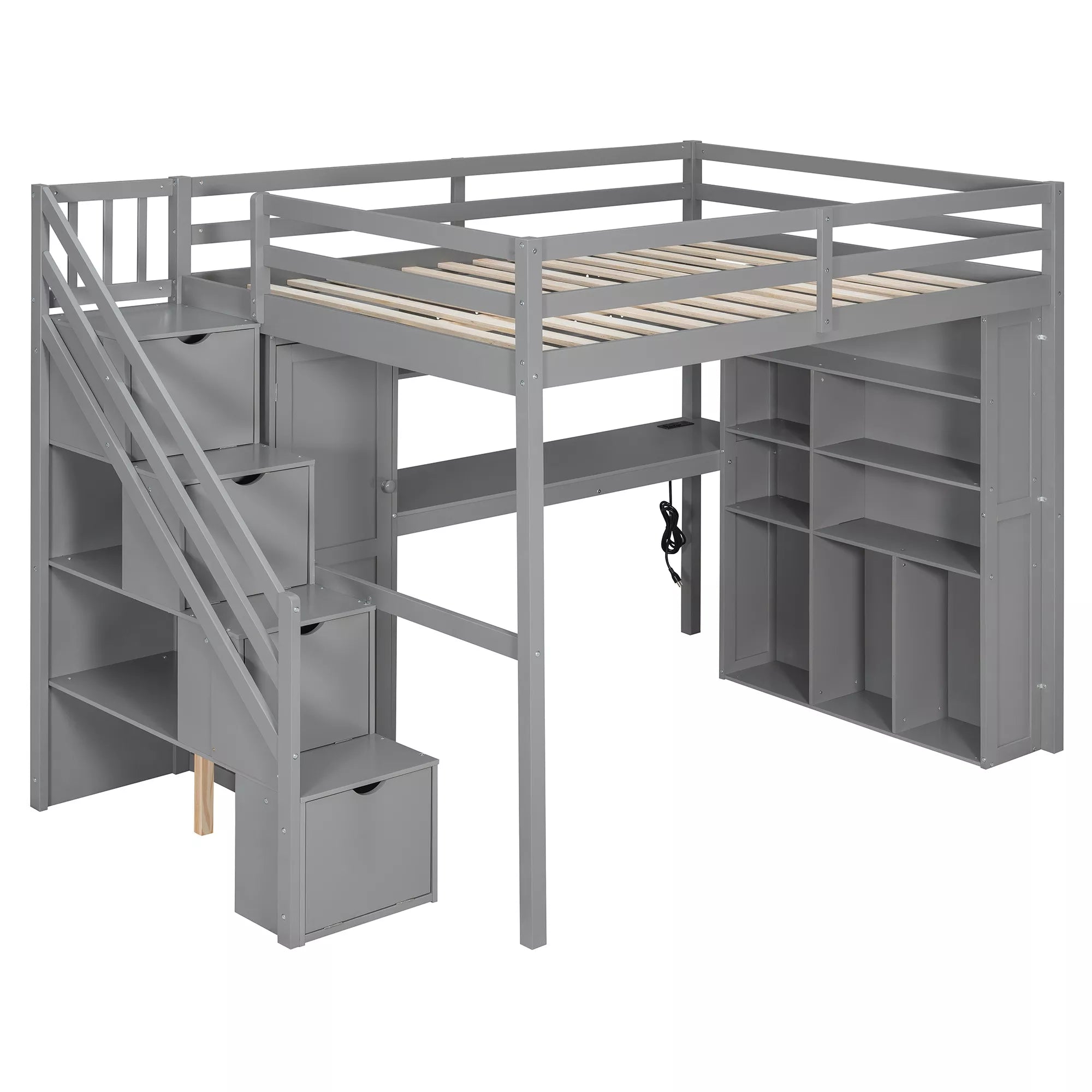 Bellemave® Full Size Loft Bed Built-in Wardrobe, Study Desk, Storage Shelves & LED Lights, Wood Loft Bed Frame for Bedroom Bellemave®