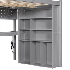 Bellemave® Full Size Loft Bed Built-in Wardrobe, Study Desk, Storage Shelves & LED Lights, Wood Loft Bed Frame for Bedroom Bellemave®