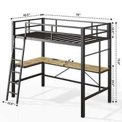 Bellemave® Twin Size Metal Loft Bed with L-Shaped Desk and Multifunctional Socket