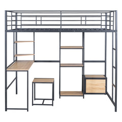 Bellemave® Full Size Metal Loft Bed with Desk and Stool,Open-Style Wardrobe, Shelves and Cabinet