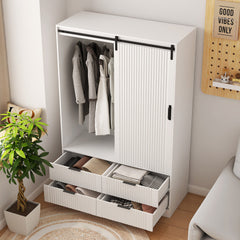 Bellemave® Modern Wardrobe with Hanging Rod and Barn Door ,Drawers and Open Shelves