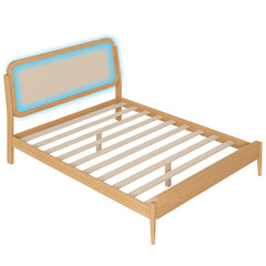 Bellemave® Queen Size Wood Storage Platform Bed with LED Light, Rattan Headboard