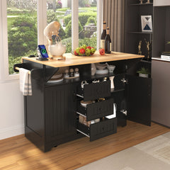 Bellemave® 55.7" Large Kitchen Island on 5 Wheels with 2 Drop Leaf,Power Outlet, Spice,Towel Rack,3 Drawers