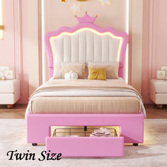 Bellemave® Modern Upholstered Princess Bed with Drawers,Crown Headboard and LED Lights