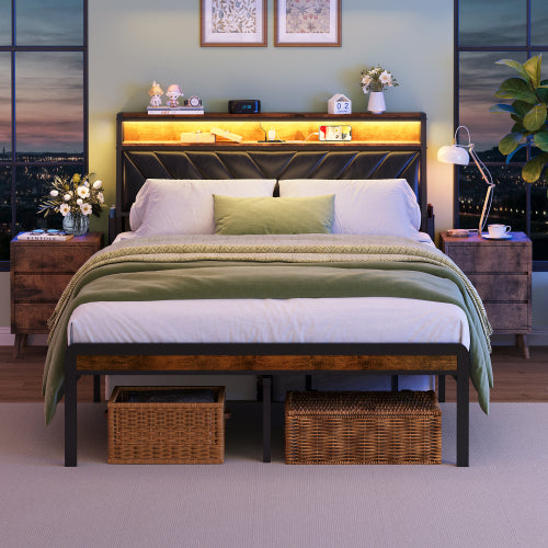 Bellemave® Full Size Platform Bed with 105-Degree Tilted Upholstered Headboard, Charging Station and LED Lights