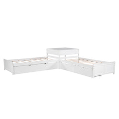 Bellemave® Twin Size L-shaped Platform Bed with Trundle and Drawers Linked with Built-In Desk