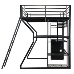 Bellemave® Full Size Metal Gaming Loft Bed with Built-in Work Station, Open Wardrobe, LED and Multiple Storage