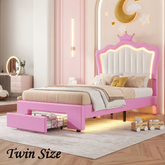 Bellemave® Modern Upholstered Princess Bed with Drawers,Crown Headboard and LED Lights