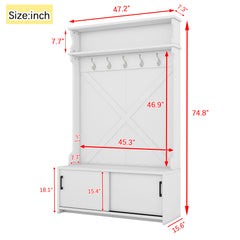 Bellemave® 74.8" Hall Tree with Top Shelf and Storage Bench, Hallway Shoe Cabinet with Sliding Doors and 5 Hanging Hooks