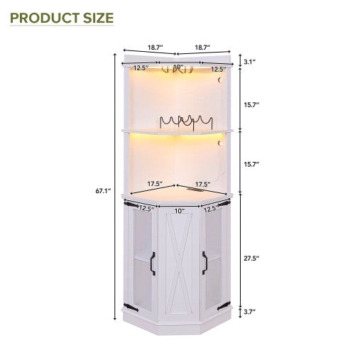 Bellemave® Corner Bar Cabinet with Power Outlet and Adjustable Shelves,Lights & Glass Rack