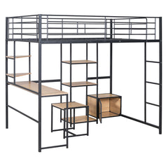 Bellemave® Full Size Metal Loft Bed with Desk and Stool,Open-Style Wardrobe, Shelves and Cabinet