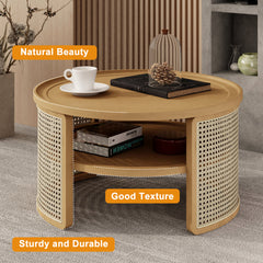 Bellemave® 2-Tiered Round Natural Wood Coffee Table with Storage Rattan Base