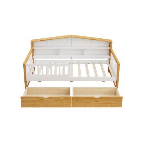 Bellemave® Wooden House Shape Bed with Two Drawers and Bookcase Headboard