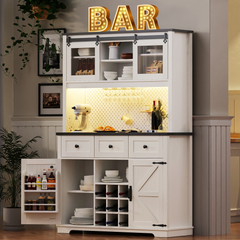 Bellemave® 71" Farmhouse Pantry Bar Cabinet with Internal Storage Rack,Sliding Door,Power Outlet,Pegboard,Wine & Glasses Rack,3 Drawers