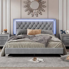 Bellemave® Modern Velvet Upholstered Bed with Tufted Headboard and LED Lights Bellemave®