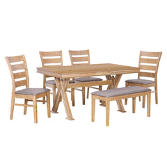 Bellemave® 6-Piece Retro Dining Table Set, Table with Unique Legs and 4 Upholstered Chairs & 1 Bench