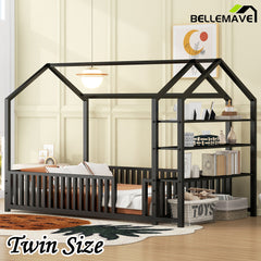 Bellemave® Metal House Bed with Fence and Detachable Storage Shelves