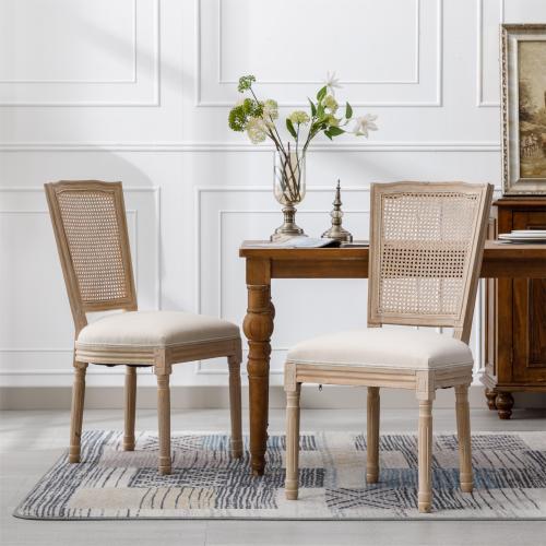 Bellemave® French Style Solid Wood Frame Linen Fabric Square Rattan Back Dining Chair,Set of 2