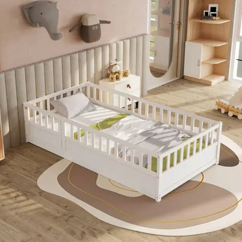 Bellemave® Montessori Wooden Children's Floor Bed with Super High Security Barrier and Door Bellemave®