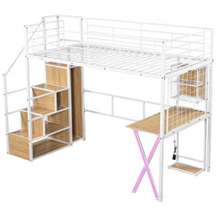 Bellemave® Metal Loft Bed with Built-in Work Station, Wardrobe, Storage Staircase and LED